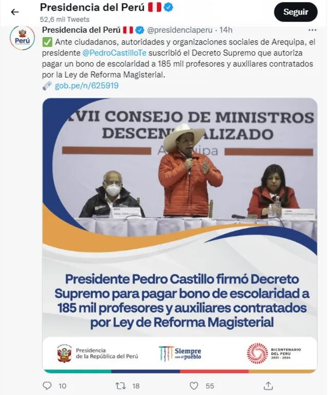  Presiden firmo Decreto Supremo que autoriza el pago del Bono Escolaridad 2022. Crédito: Presidencia del Perú.   