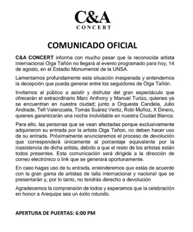 Olga Tañón en Arequipa: Las razones de la repentina cancelación de su concierto.