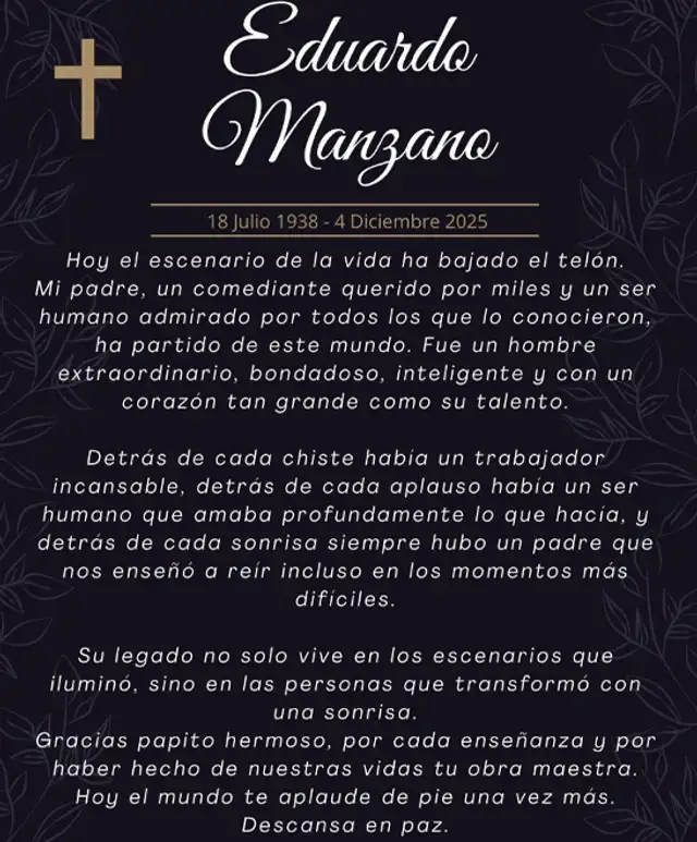 Hijo de Eduardo Manzano dio a conocer el fallecimiento del artista.  