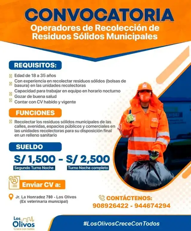 Municipalidad de Los Olivos ofrece vacantes para operador de residuos sólidos. Municipalidad de Los Olivos ofrece vacantes para operador de residuos sólidos.