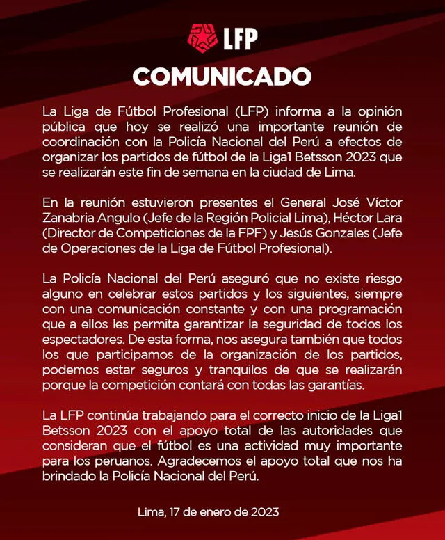 Liga Profesional de Fútbol indicó que sí se jugarían los partidos de la Liga 1. / Imagen: Twitter. 