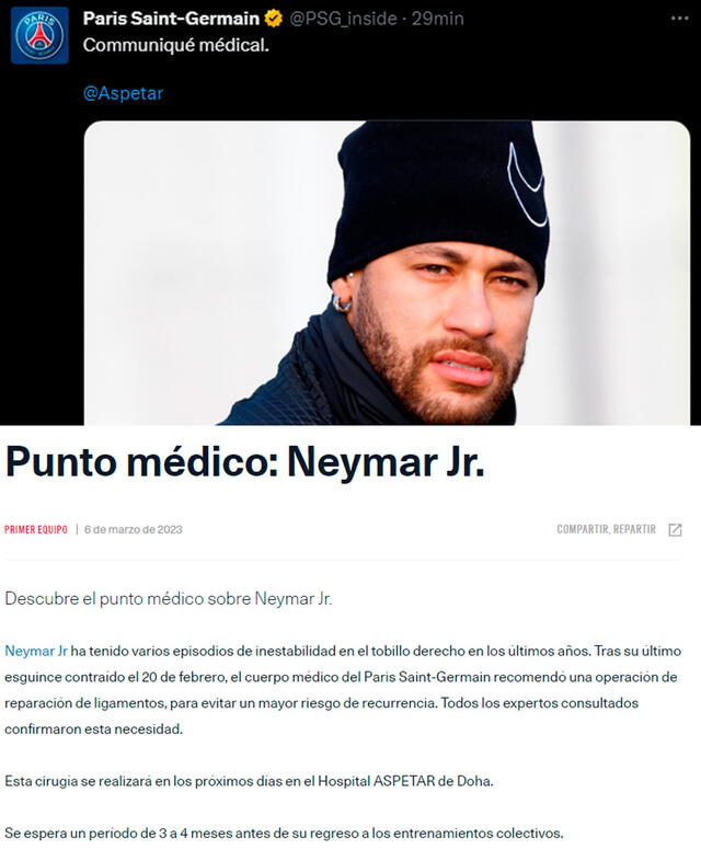 PSG informó sobre Neymar. 