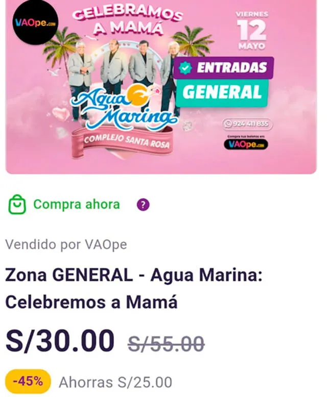 Yape pone en promoción entradas para el concierto de Agua Marina. Foto: Captura Yape   