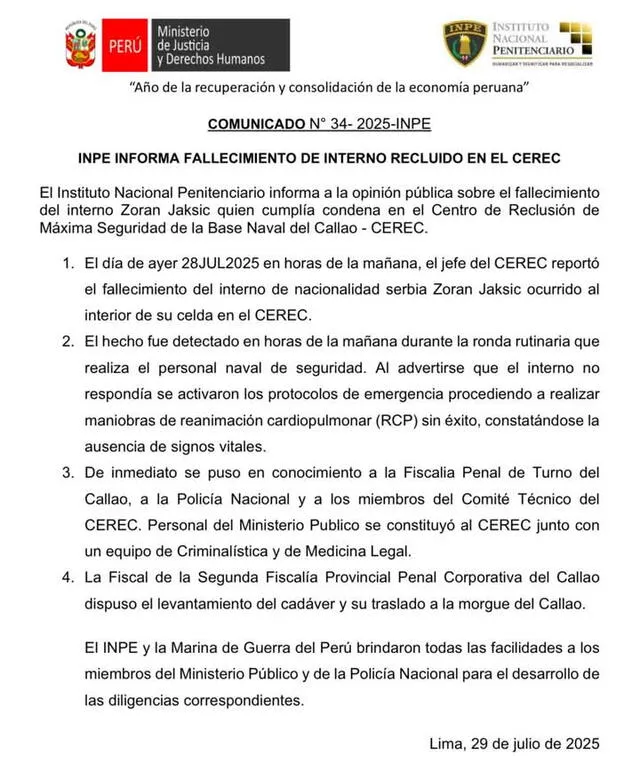 Encuentran sin vida al narco serbio Zoran Jaksic en la Base Naval del Callao: INPE revela detalles Encuentran sin vida al narco serbio Zoran Jaksic en la Base Naval del Callao: INPE revela detalles