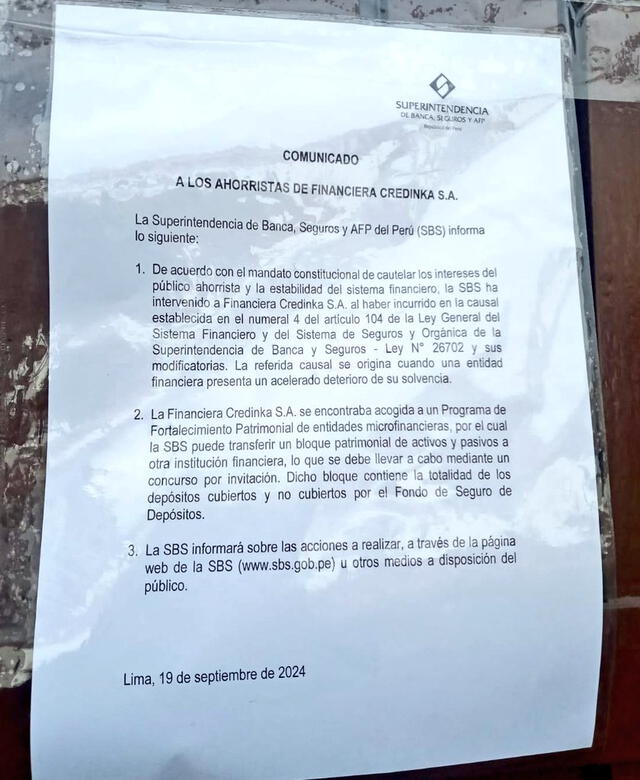 Credinka fue intervenida por la SBS la mañana de hoy.