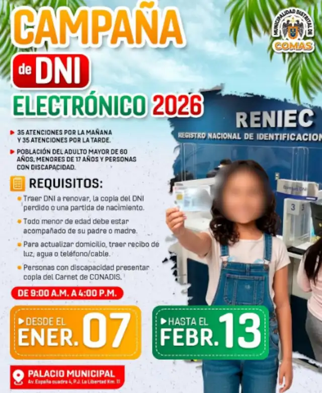 Municipalidad de Comas anuncia campaña gratuita de DNI electrónico.