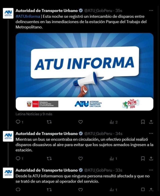 ATU se pronuncia tras el reporte de la balacera en el Metropolitano. ATU se pronuncia tras el reporte de la balacera en el Metropolitano.