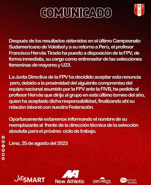  Comunicado de la Federación Peruana de Vóley sobre la dimisión de Francisco Hervás. | Fuente: Federación Peruana de Vóley   