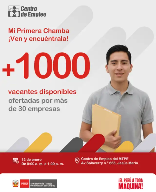 MTPE anuncia convocatoria laboral para este lunes 12 de enero del 2026.