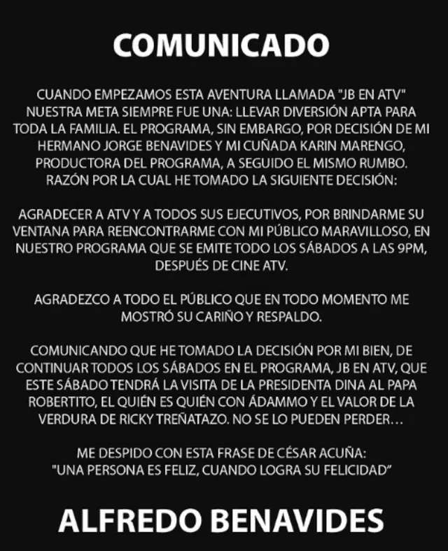 <em>Alfredo Benavides y su comunicado sobre JB en ATV. Captura: Instagram</em> <em>Alfredo Benavides y su comunicado sobre JB en ATV. Captura: Instagram</em>