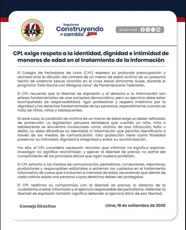 Colegio de Periodistas RECHAZA que Milagros Leiva revele identidad de menor agredido en Liceo Naval