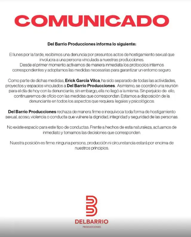 Del Barrio Producciones emitió un comunicado tras denuncia.  