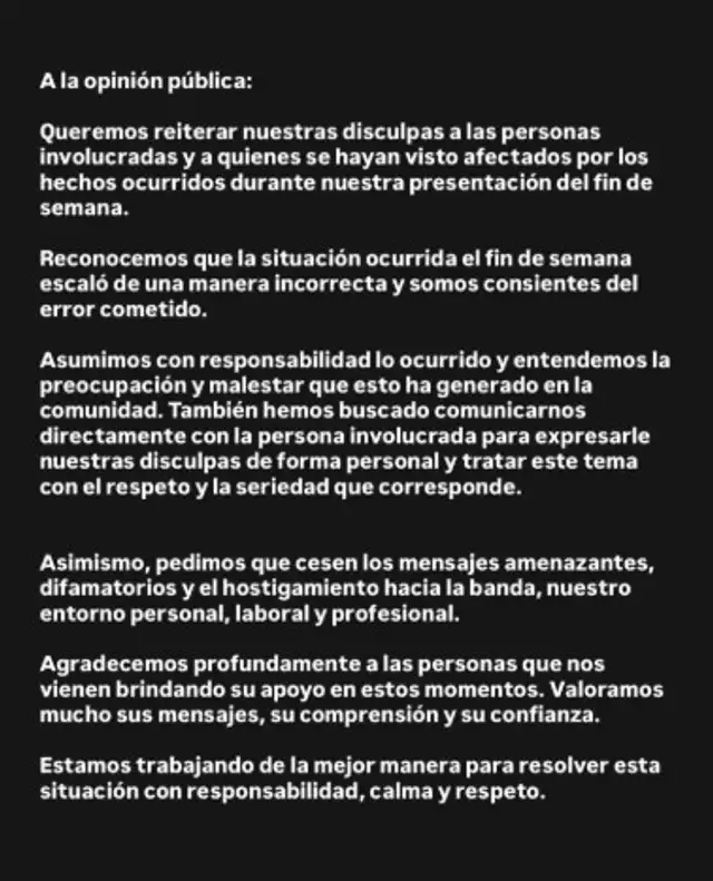 Comunicado de banda de Sebastián Palma.