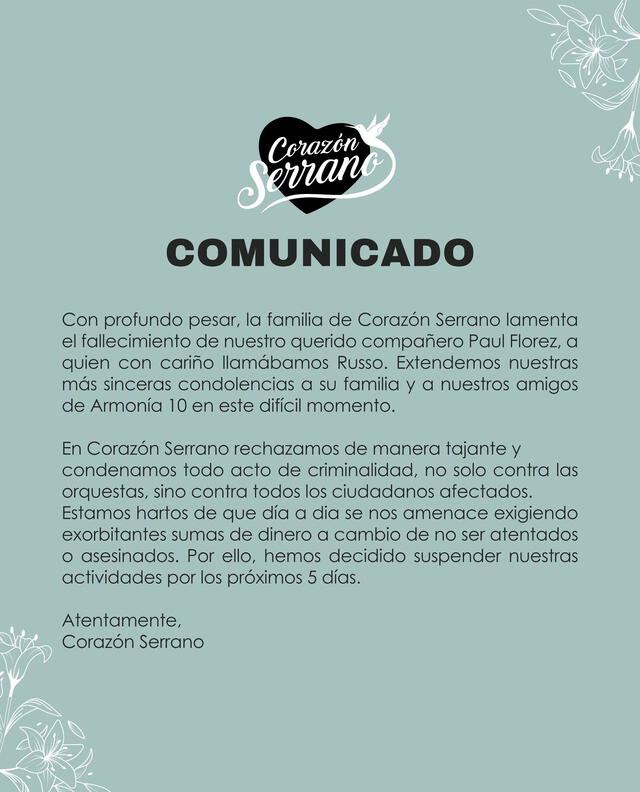 Corazón Serrano se solidariza con Paul Flores y cancela conciertos. Corazón Serrano se solidariza con Paul Flores y cancela conciertos.