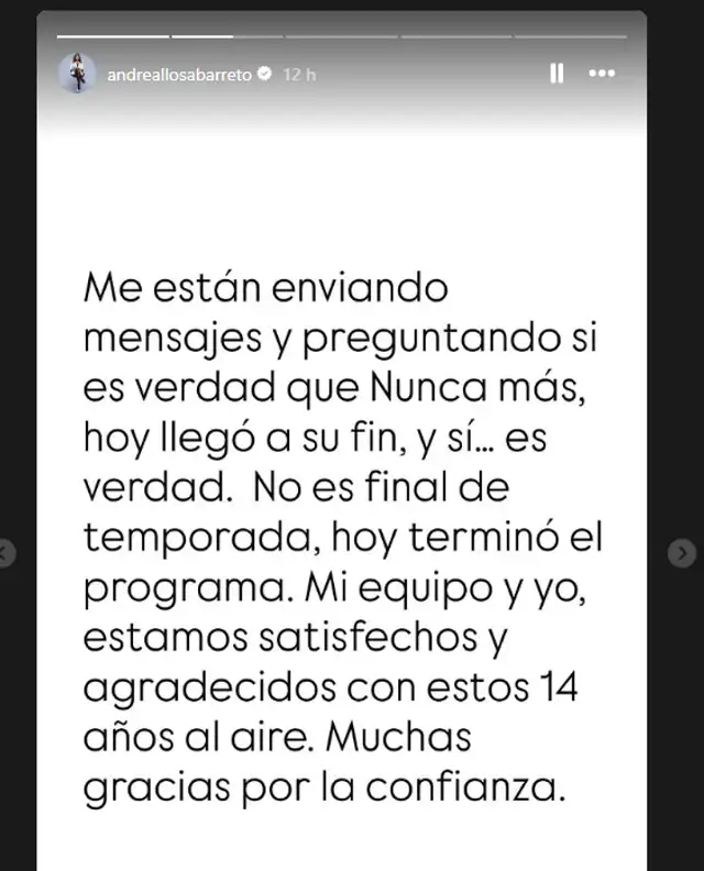 Andrea Llosa se despide de programa 'Nunca Más'. Foto: Instagram.   