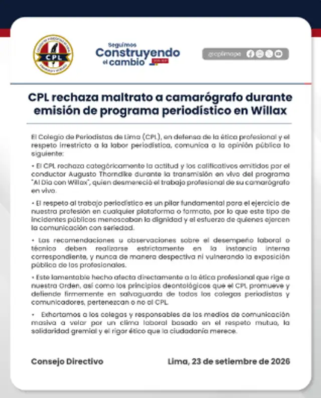 Colegio de Periodistas rechaza maltratos de Augusto Thorndike a camarógrafo y toma contundente medida 