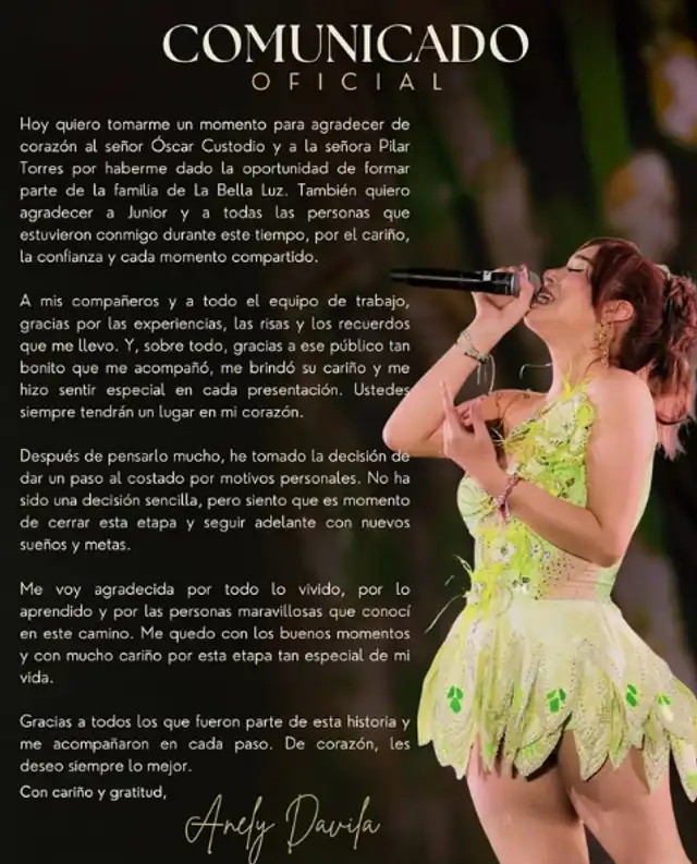 Anely Dávila lanza comunicado para anunciar su salida de La Bella Luz.
