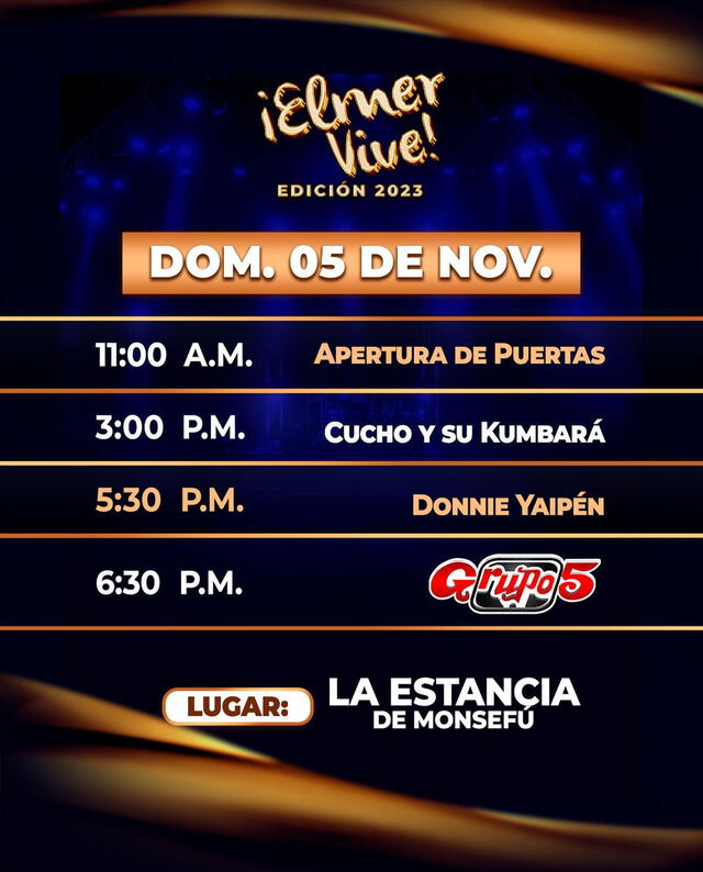 Itinerario para el domingo 05 de noviembre de Elmer Vive Edición 2023.