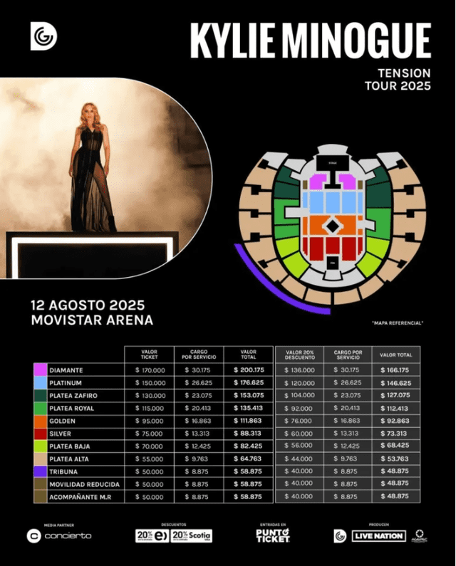  Precios de las entradas para ver a Kylie Minogue en Chile 