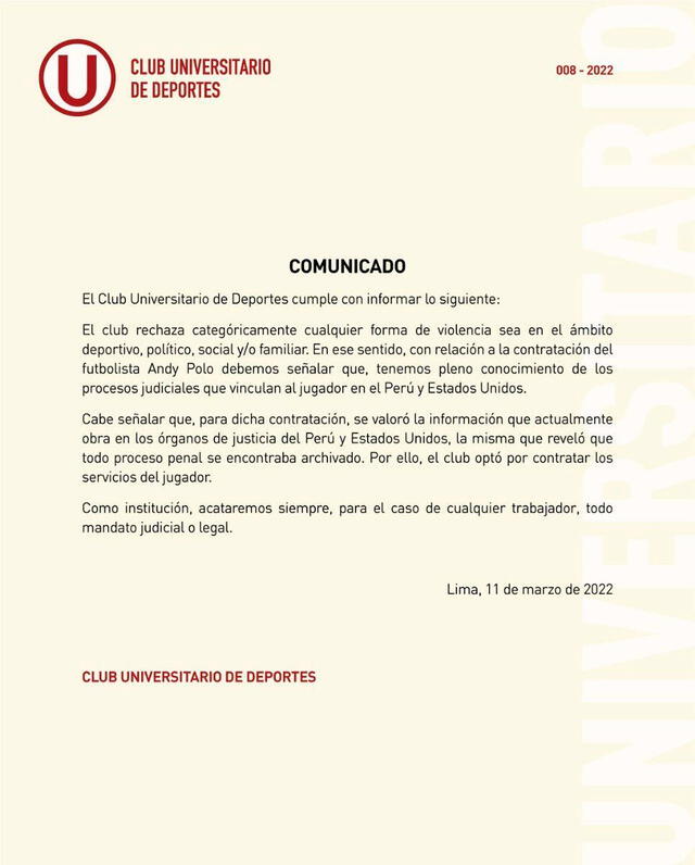 El comunicado de Universitario de Deportes para presentar a Andy Polo. - FUENTE: Twitter.   