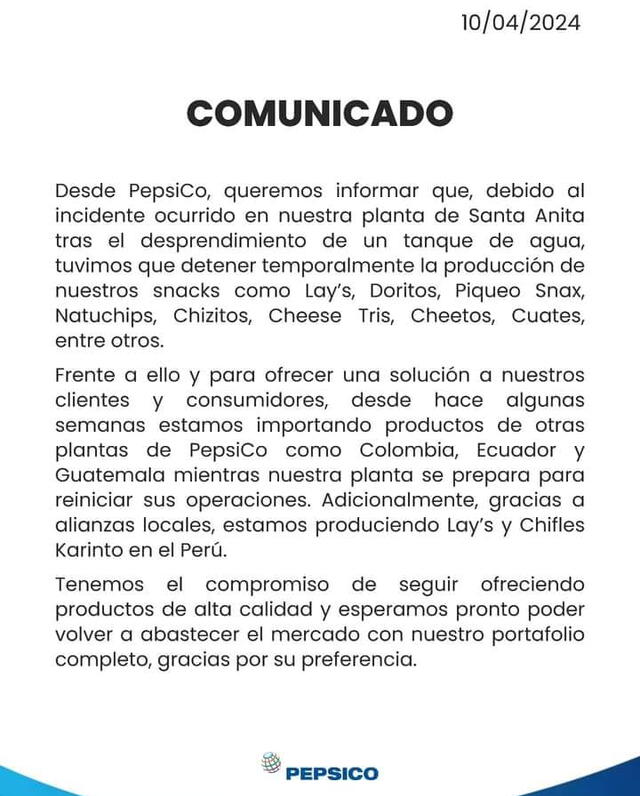  PepsiCo se pronuncia sobre su futuro en Perú.   