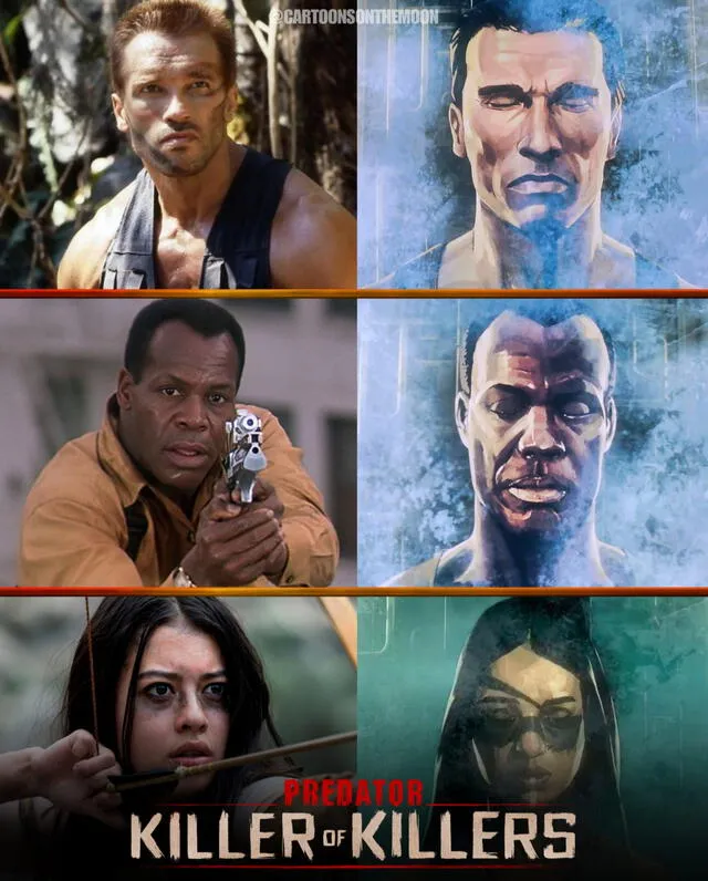  Schwarzenegger y Glover aparecen en 'Depredador: asesino de asesinos'. Foto: X/Cartoons on the moon   