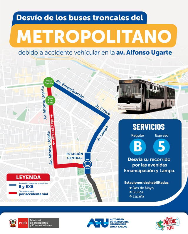 ATU anuncia desvíos del Metropolitano tras grave accidente en avenida Alfonso Ugarte: estas son las rutas alternas ATU anuncia desvíos del Metropolitano tras grave accidente en avenida Alfonso Ugarte: estas son las rutas alternas
