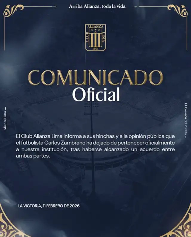 Alianza Lima lanzó un comunicado sobre la salida de Carlos Zambrano.  