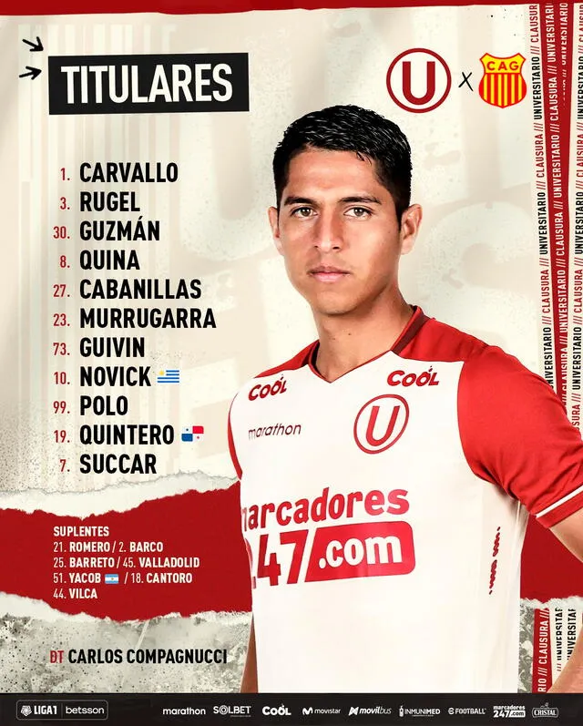 Alineación oficial de Universitario. / FUENTE: Universitario.   