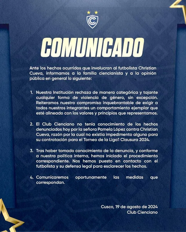 Comunicado de Cienciano del Cusco sobre caso de Christian Cueva.