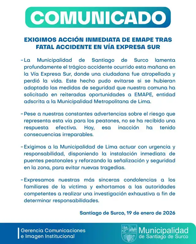 Comunicado de la Municipalidad de Surco tras fallecimiento de adulta mayor en la Vía ExpresaSur.