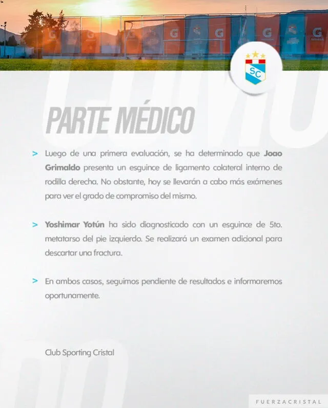 El parte médico de Sporting Cristal por Joao Grimaldo y Yoshimar Yotún. / FUENTE: Twitter. 