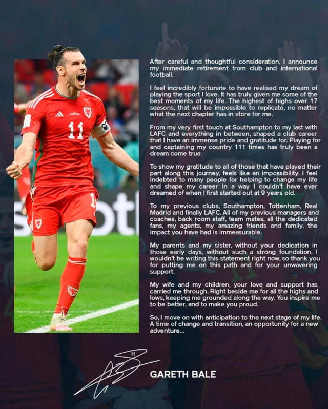 La carta de Gareth Bale con la que se despidió del fútbol. / Imagen: Instagram.   