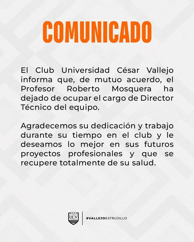 Comunicado de la UCV sobre la salida de Roberto Mosquera. Foto: Difusión   