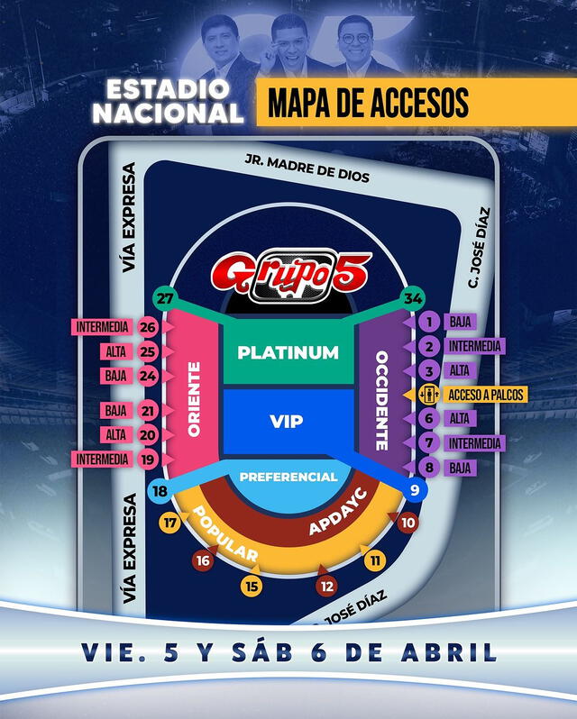 Mapa de accesos al Estadio Nacional para los conciertos del Grupo 5. Foto: Instagram/Grupo 5