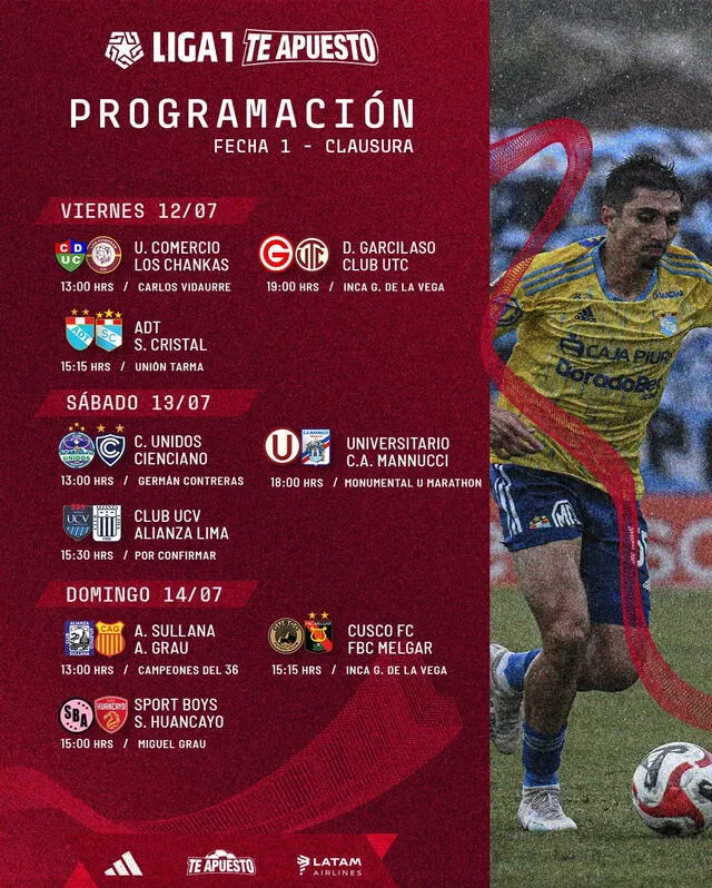 Esta es la programación de la fecha 1 del Torneo Clausura de la Liga 1 Te Apuesto.