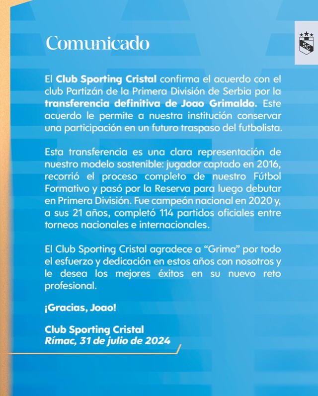 Comunicado oficial de Sporting Cristal sobre Joao Grimnaldo