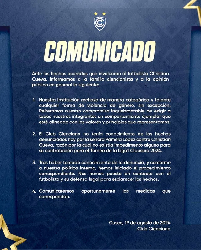 Comunicado de Cienciano del Cusco sobre caso de Christian Cueva. 