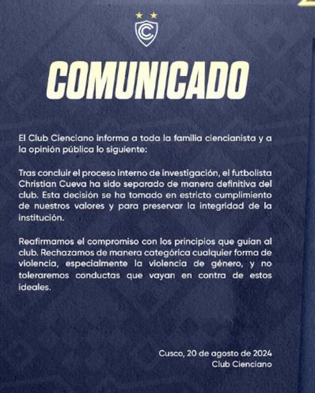 Comunicado de Cienciano sobre la separación de Christian Cueva 