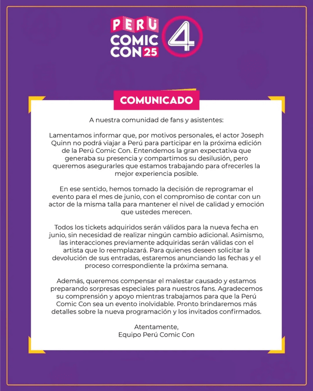 Comunicado de la Comic Con 2025 sobre Joseph Quinn / Fuente: Instagram Comunicado de la Comic Con 2025 sobre Joseph Quinn / Fuente: Instagram