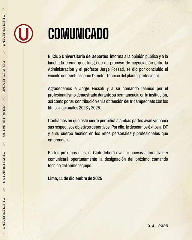 Comunicado oficial. Foto. Universitario Comunicado oficial. Foto. Universitario