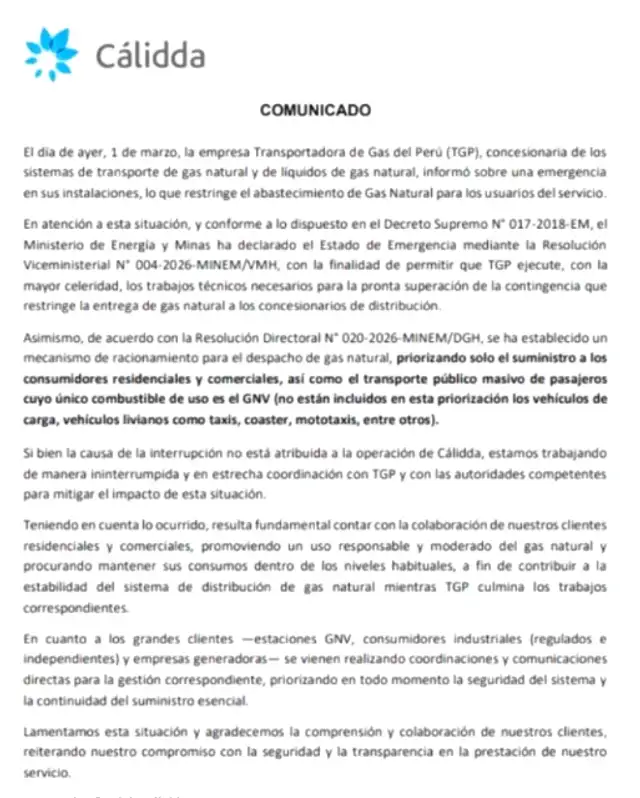 <strong> Comunicado de Cálidda</strong> 