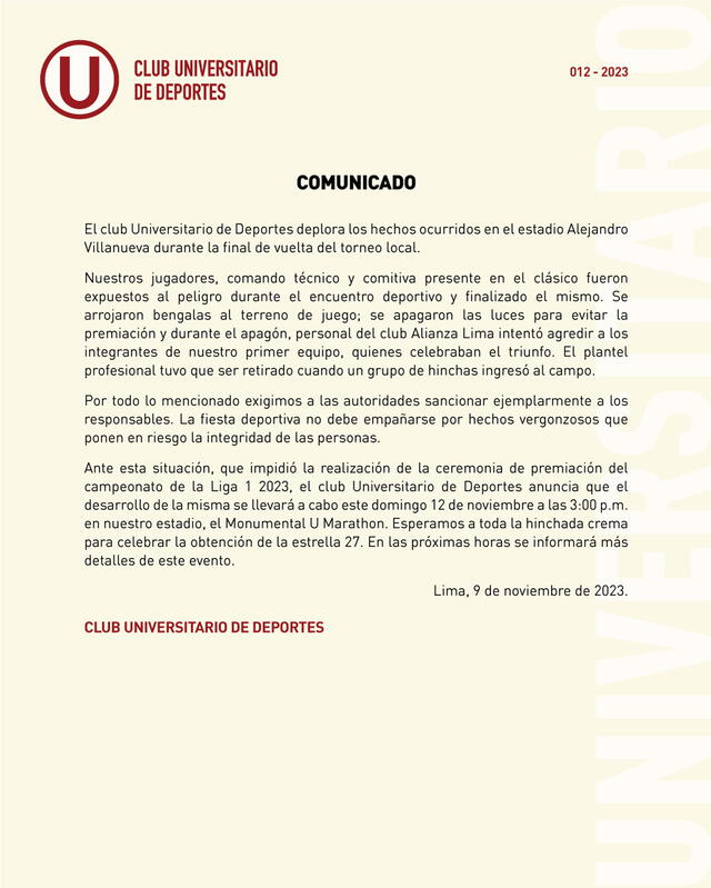 comunicado de Universitario de Deportes