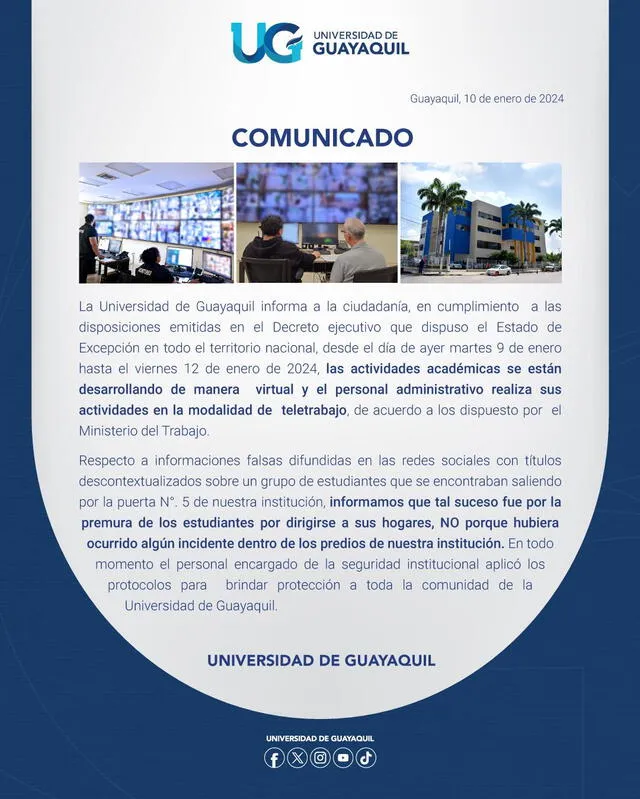 Comunicado de la Universidad de Guayaquil.   