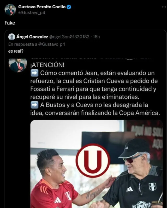 Gustavo Peralta, desde su cuenta verificada y oficial de X, antes Twitter, desmiente información sobre Christian Cueva y Universitario.