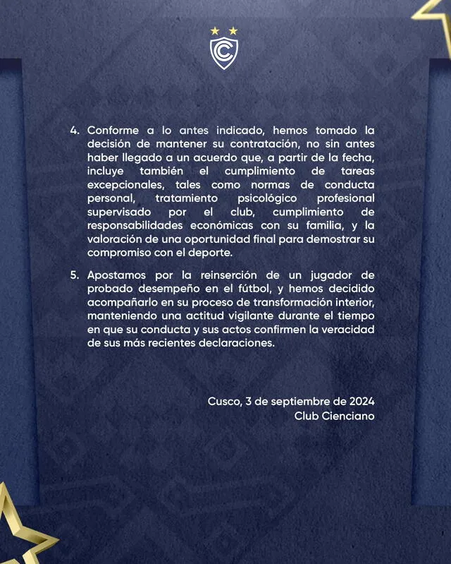 Comunicado de Cienciano sobre Christian Cueva. Foto: Instagram/Captura de pantalla 