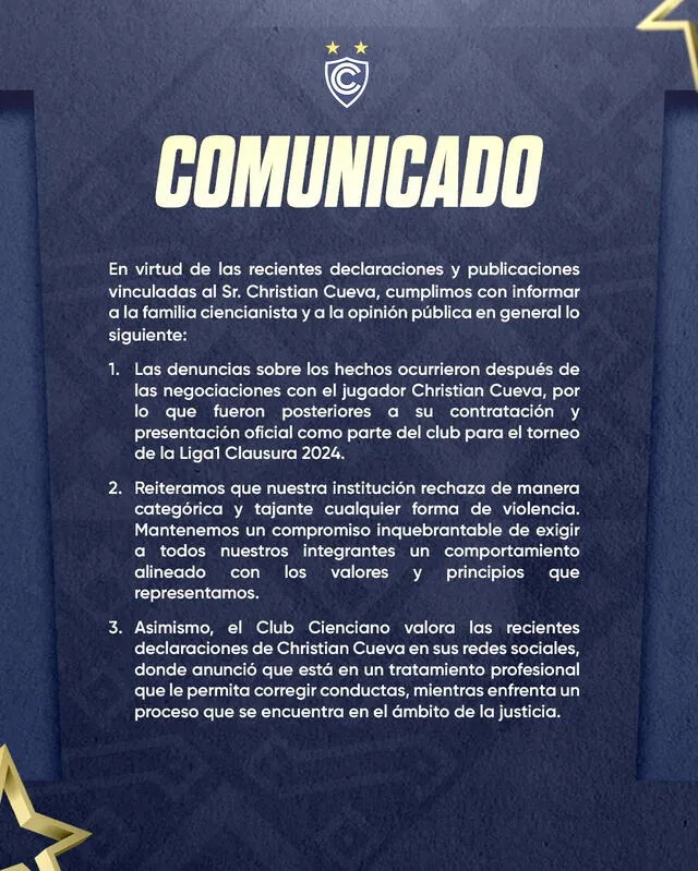 Comunicado de Cienciano sobre Christian Cueva. Foto: Instagram/Captura de pantalla 