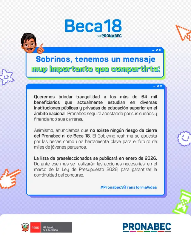 <strong> Resultados de Beca 18 saldrán en enero de 2026, anuncia Pronabec</strong>   