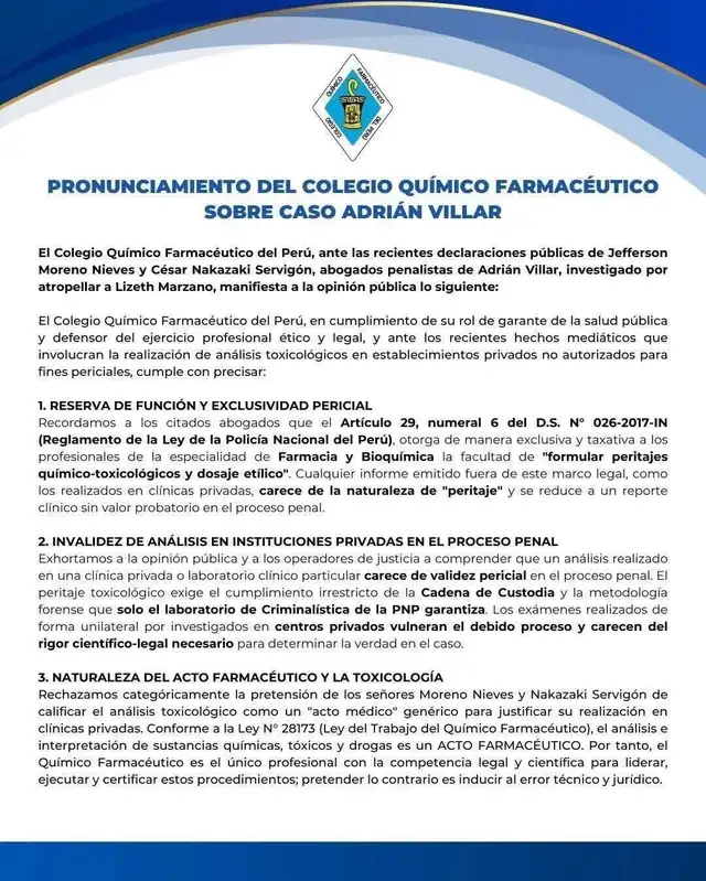 Comunicado del Colegio Químico Farmacéutico sobre Adrián Villar. Foto: X.   