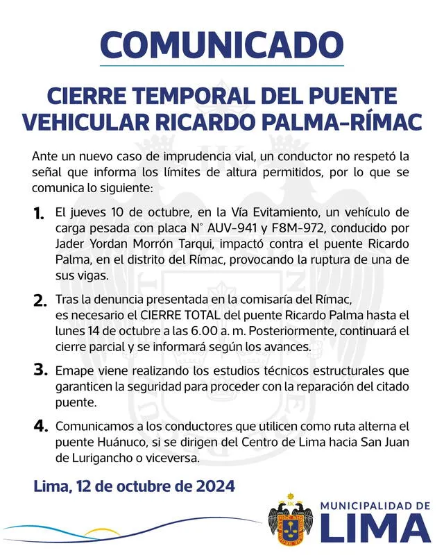 Puente Ricardo Palma cierra hasta el 14 de octubre. Foto: Municipalidad de Lima 